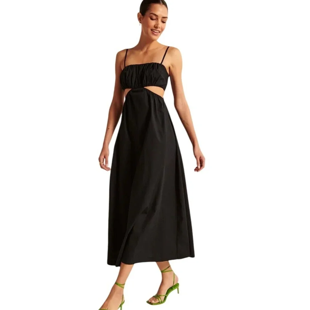 Abercrombie & Fitch Bubble Top NAVY Maxi Dress Cutout Spaghetti Straps Pockets M